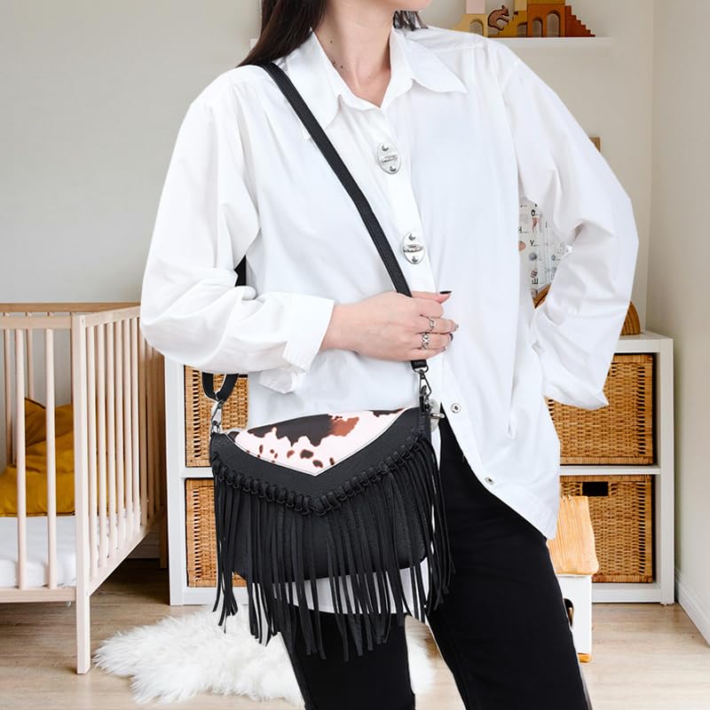 Image of Fringe Crossbody Purse for Women, Vintage Leather Western Boho Purse, Tassel Small Handbag Shoulder Bag