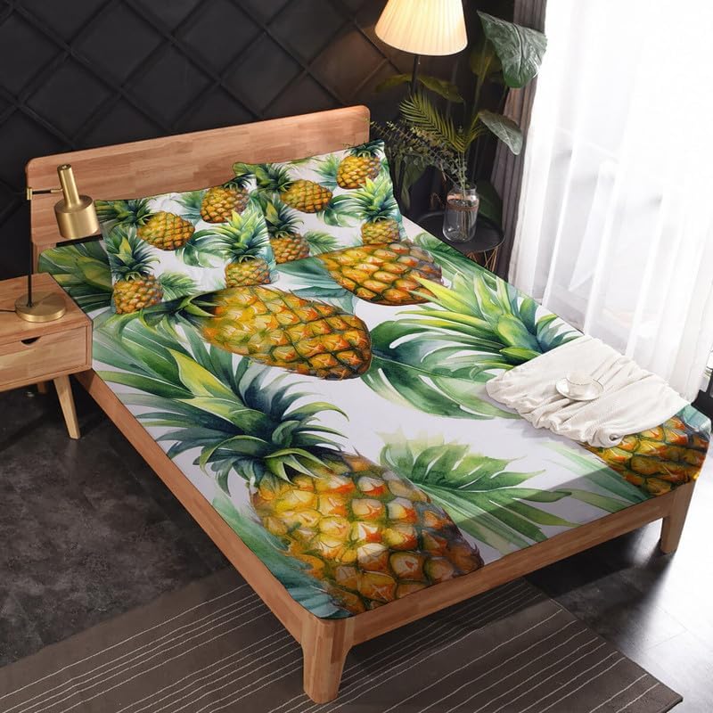 Miniatura 3 de Juego de sábanas de piña tamaño King, sábanas y fundas de almohada de frutas, 100% microfibra, bolsillo profundo, incluye 1 sábana encimera, 1