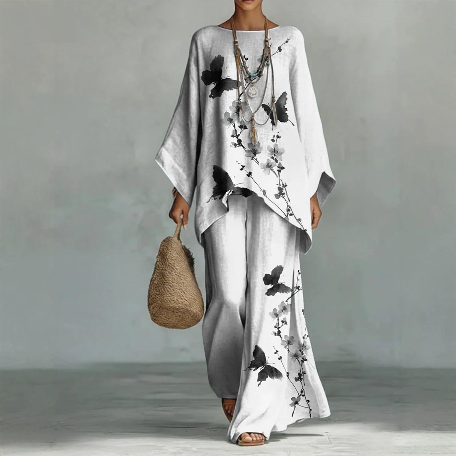 Generisch 2026 Boho-Print-Langarmshirt weite Hose – Elegantes florales Designer-Jumpsuit-Ensemble für modische Anlässe