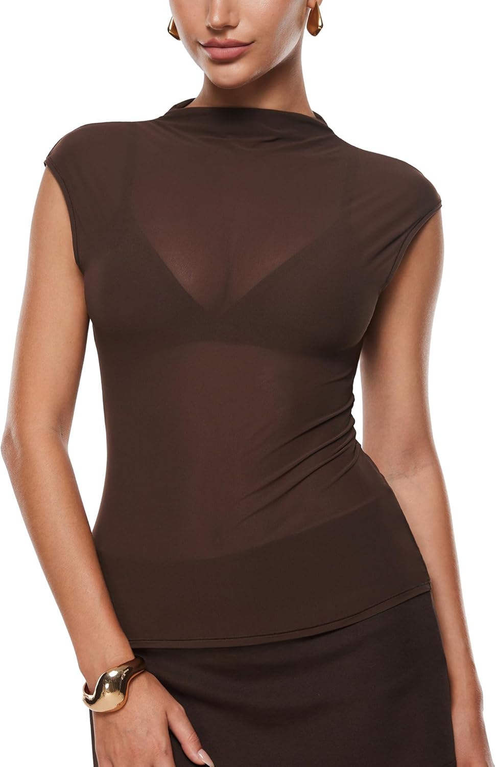 INLYRIC Women's Cosnufy Mesh Sheer Mock Turtle Neck Tank Tops See Through Sleeveless Sexy Summer Going Out Tops