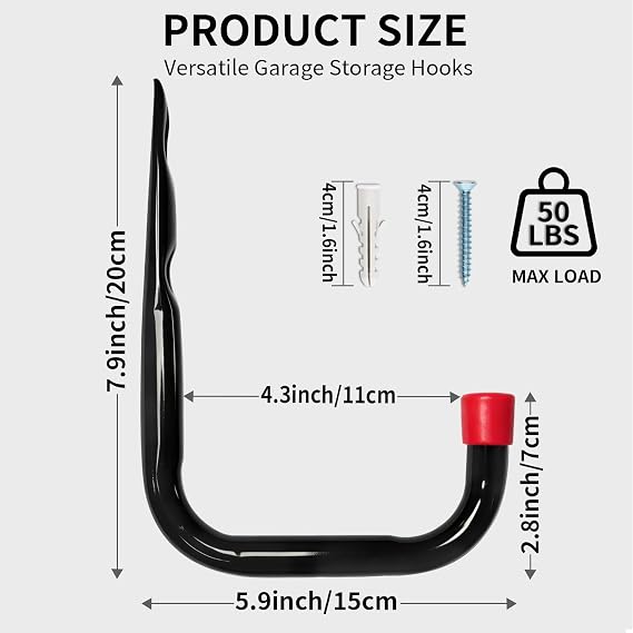 Heavy Duty Garage Storage Hooks, Wall Mount Storage Utility Hangers for Ladders, Bike and Garden Tools (7.9Inch x 5.9Inch)