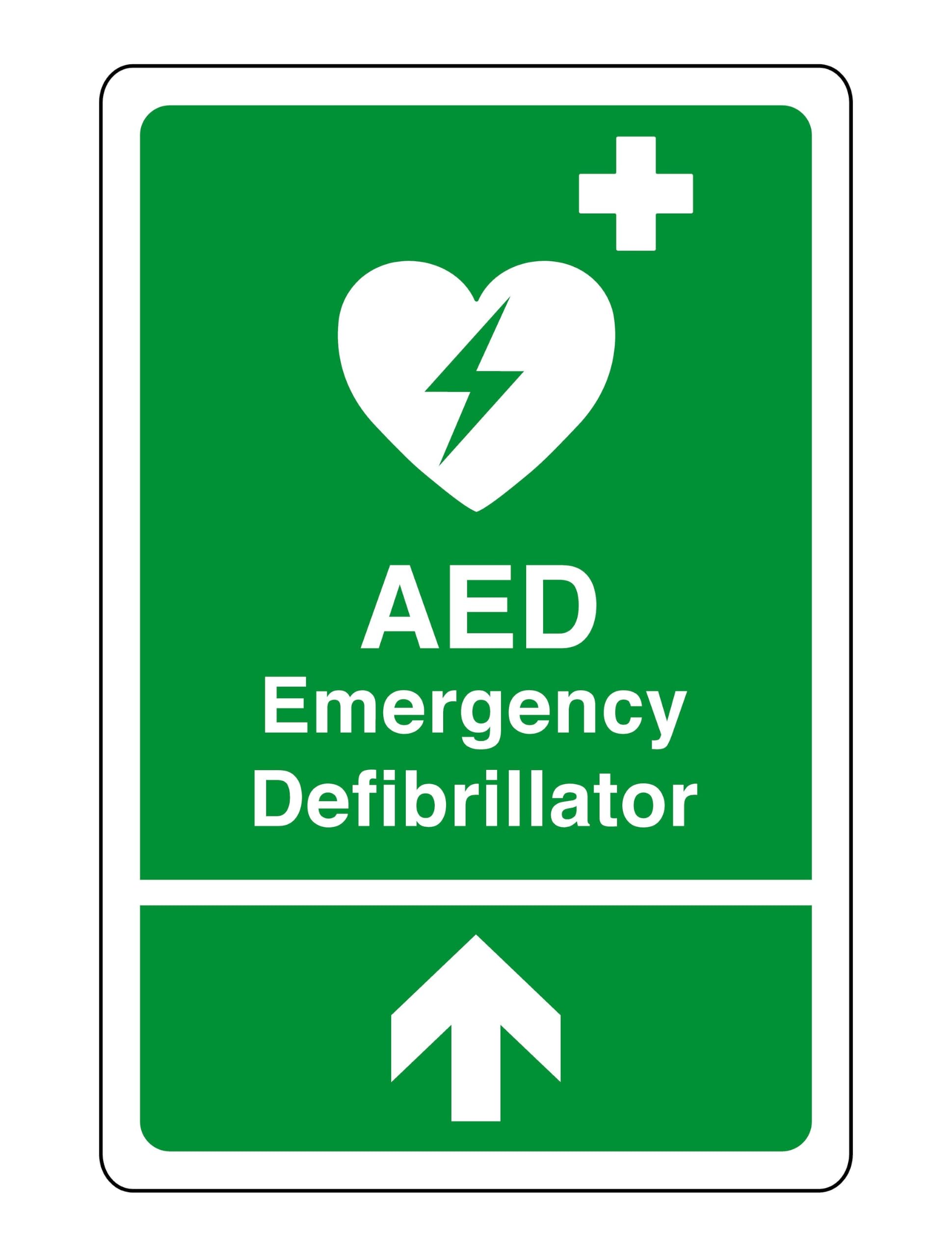 AED Emergency Defibrillator arrow up safety sign- 3mm Aluminium Dibond for indoor/outdoor usage (600mm x 400mm) 20m Viewing Distance.