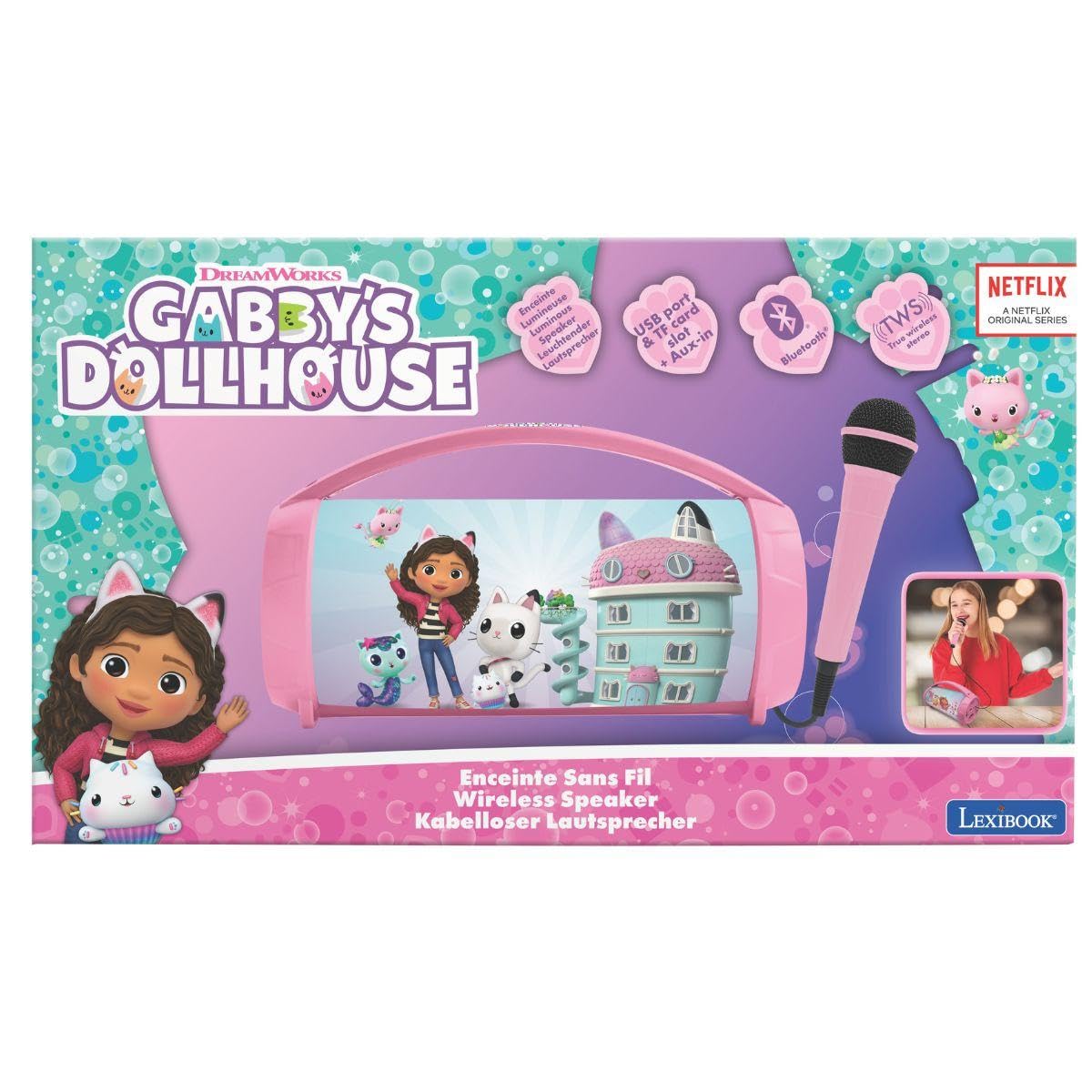 Lexibook, La casa delle bambole di Gabby, Altoparlante luminoso senza fili con microfono, suono stereo, funzione karaoke, porte USB e per schede SD, batteria ricaricabile, BTP585GDHZLXB