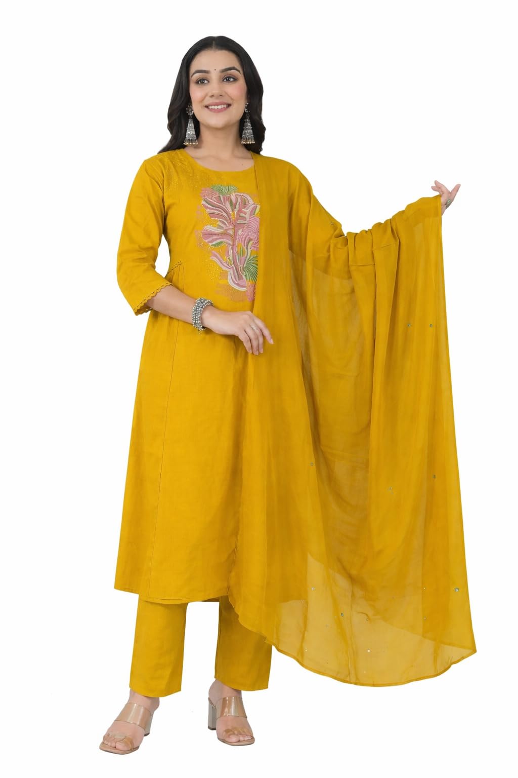 Rust Floral Embroidery Kurti with Dupatta & Pents, Mustard Yellow, L