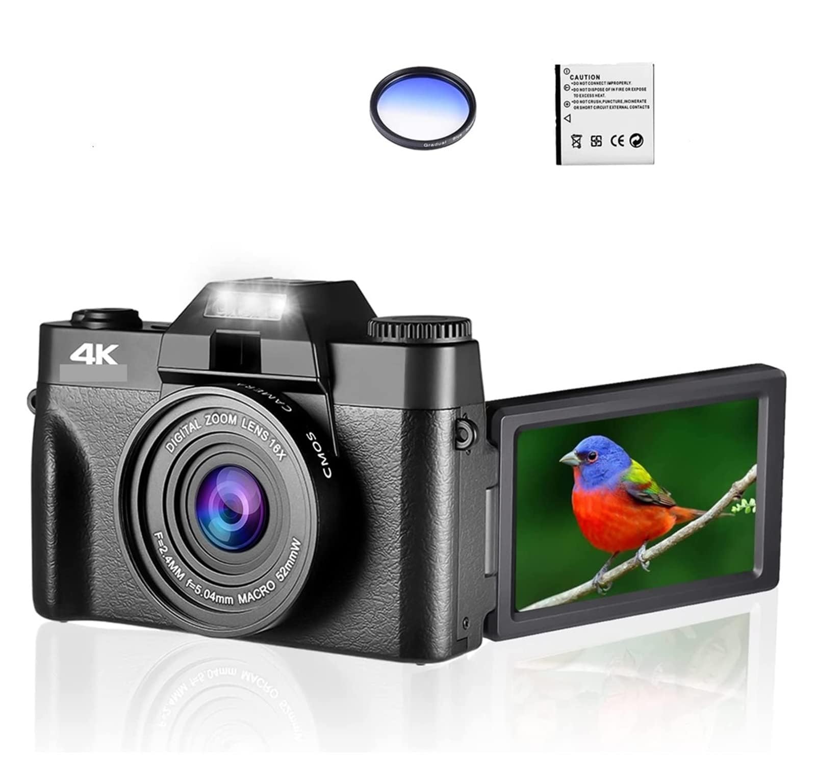 Cámara Vlog 4K con pantalla abatible de 3 pulgadas, cámara digital de 48 MP, zoom digital de 16X, cámara compacta de enfoque automático, cámara web USB, antivibración, cámara selfie para fotografía de