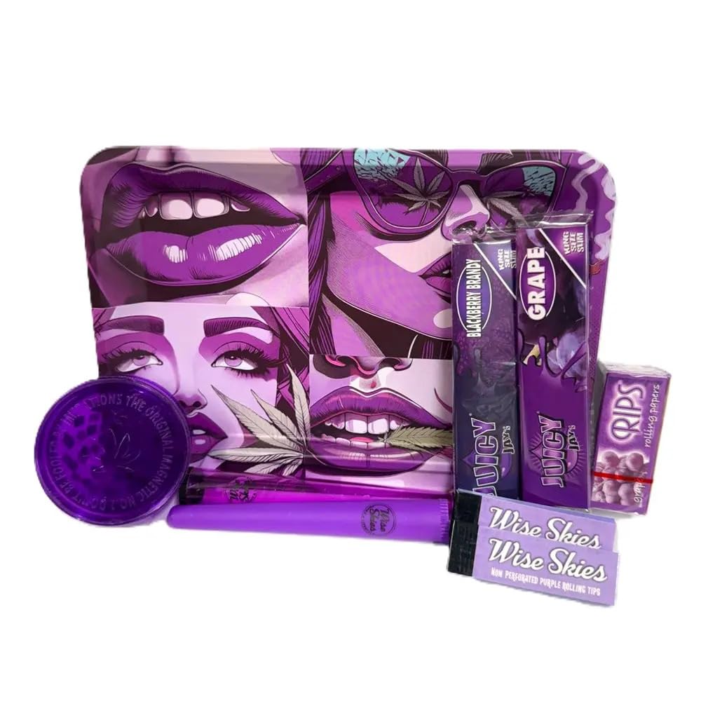 Wise Skies Purple Buzz Rolling Tray Set Double-Sided Tray Bundle Giftset Papers Tips Plastic Crusher Cone Holders