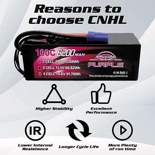 Miniatura 4 de CNHL Purple Series 6200mAh 3S Lipo Battery 100C - Carcasa rígida de 11,1 V con enchufe EC5 para automóviles a control remoto, camiones, barcos (2