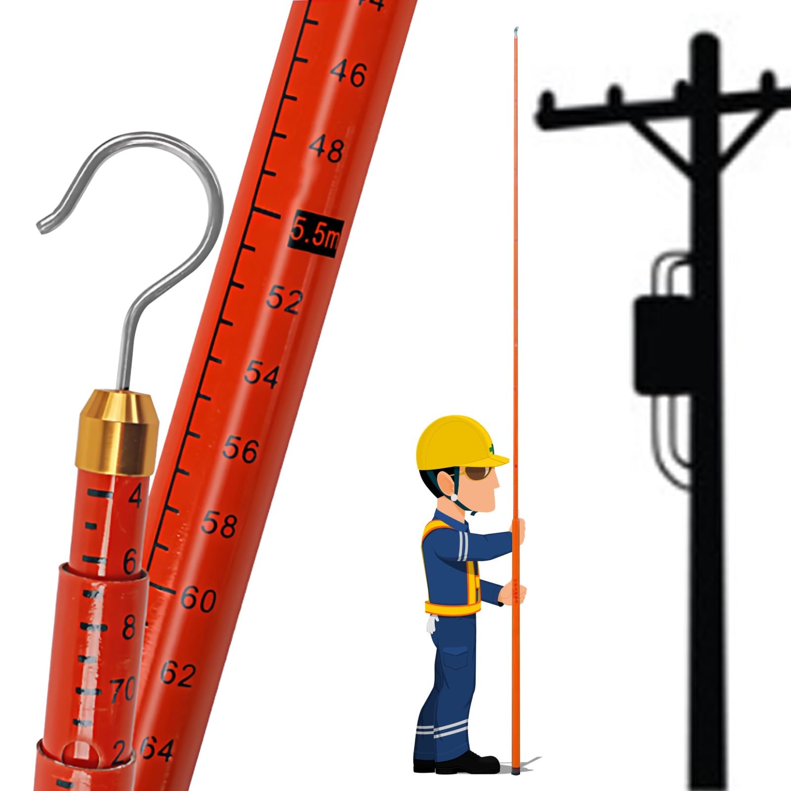 Mât de Mesure Haute Tension, Perche de nivellement télescopique réglable de 6 m (19,7 pi) pour camions et Tours, mât isolé pour des mesures précises, Durable et léger (Orange)