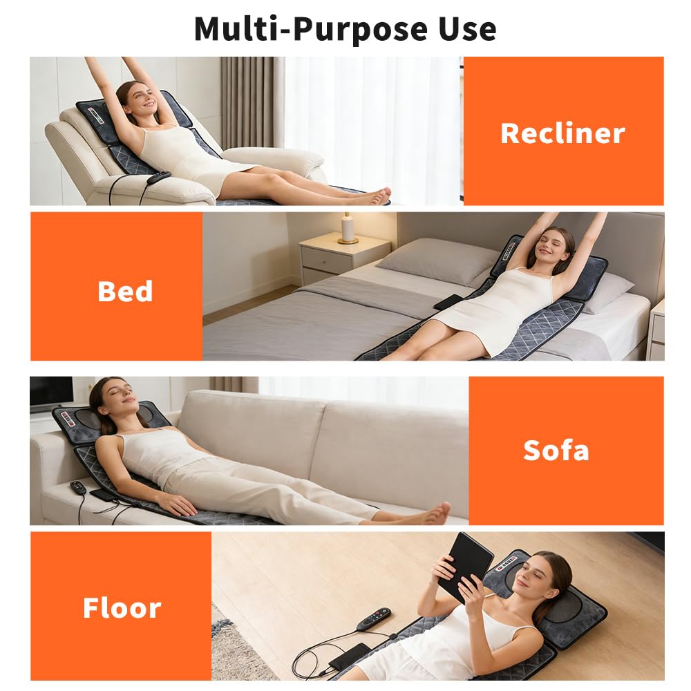 Beheizte Massagematte, Ganzkörper-Massagematratze mit Nackenmassagekissen, 10 Vibrationsmotoren, 9 Modi, 9 Intensitätsstufen, Timer, lindert Rückenschmerzen, Massage-Matratze, Geschenk für Frauen und