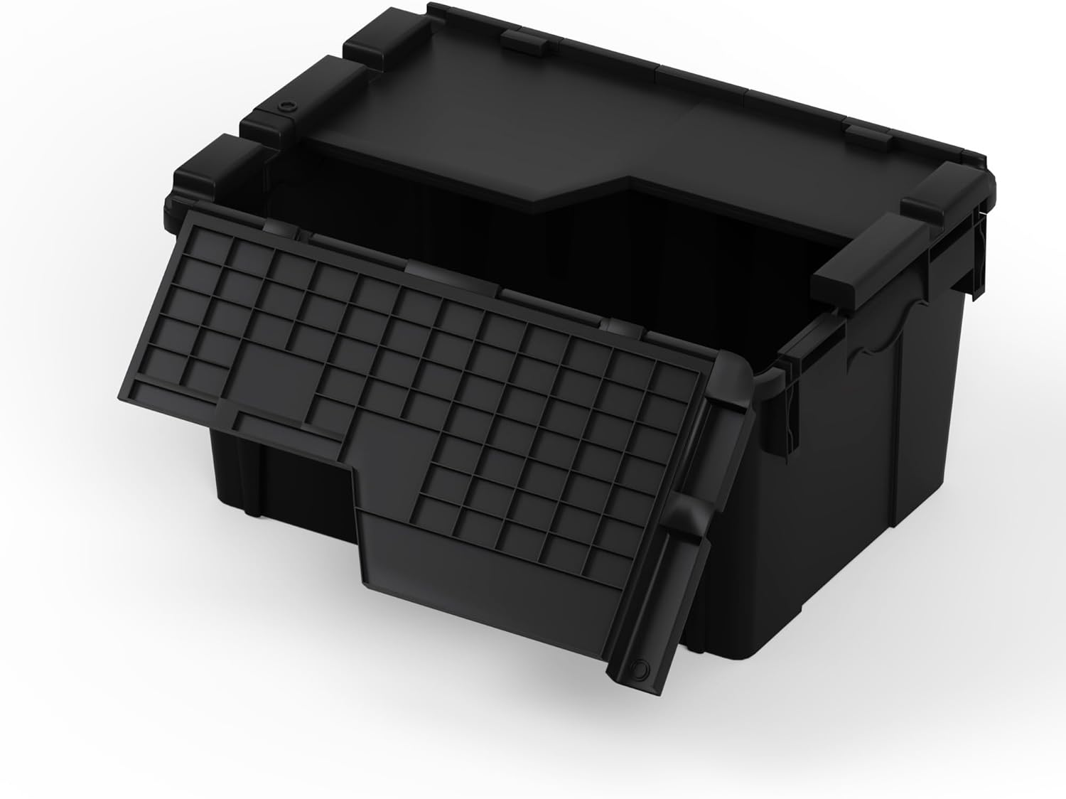 Attached Lid Tote Box 22 x 16 x 10 Inch, Heavy Duty Stackable Plastic Storage Container with Hinged Lids, Durable Nestable Bin for Industrial, Tools, Garage, Warehouse and Logistics Use (3, Black)