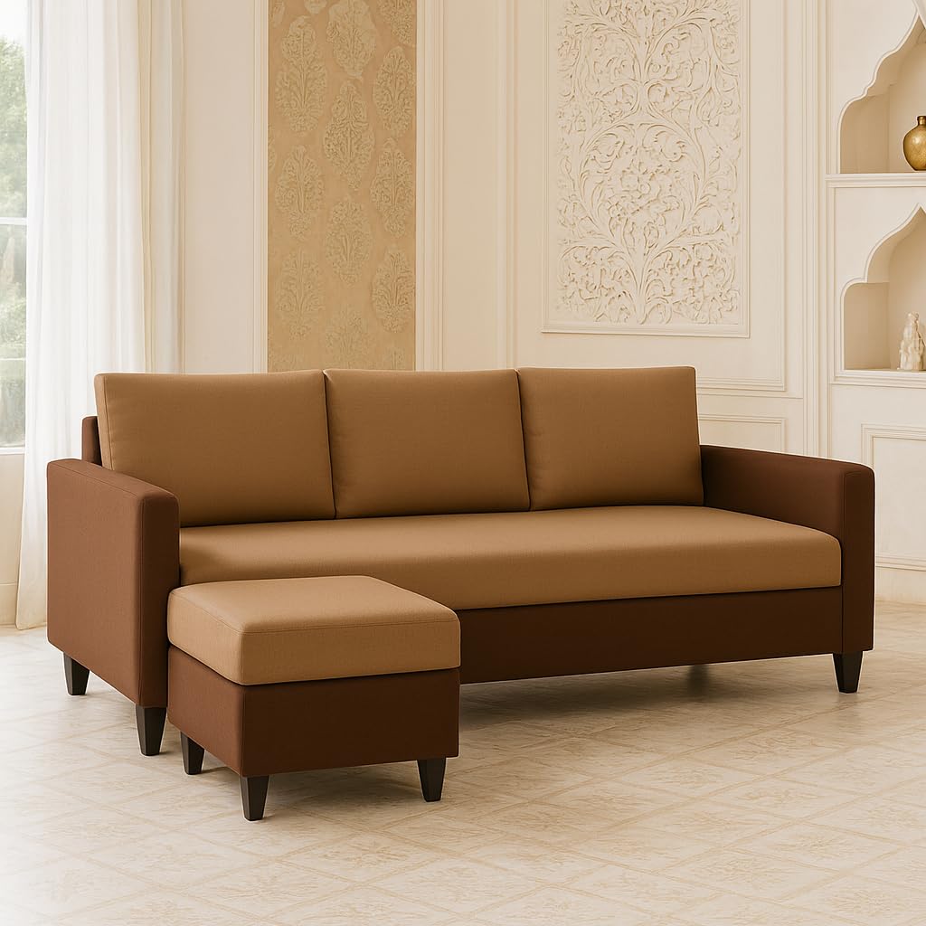 FURNY Conva Fabric 4 Seater L Shape Sofa Set 3 Seater Modern Sofa Set & Ottoman for Living Room (Dual Brown Color)-image-45