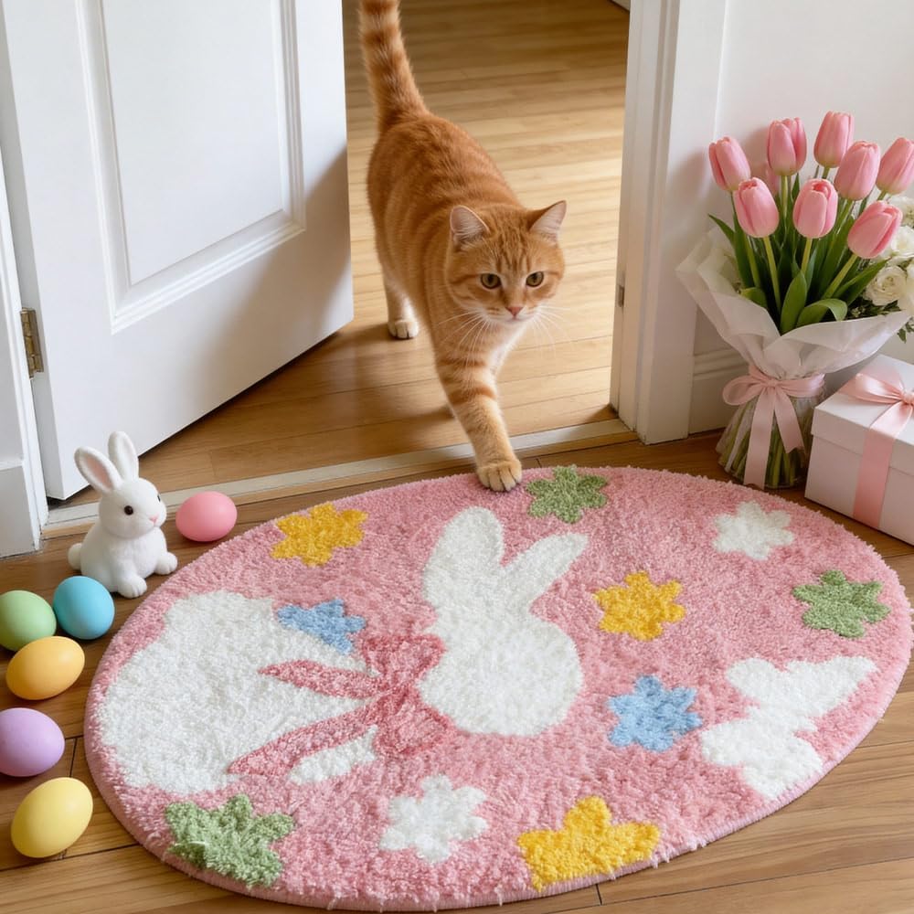 Easter Bathroom Rug Pink Bunny Egg Bath Mat 28 x 20.8 Inch Non Slip Bath Easter Door Mats Soft & Absorbent Tapete De Baño Machine Washable Rugs for Bathroom Kitchen Decor