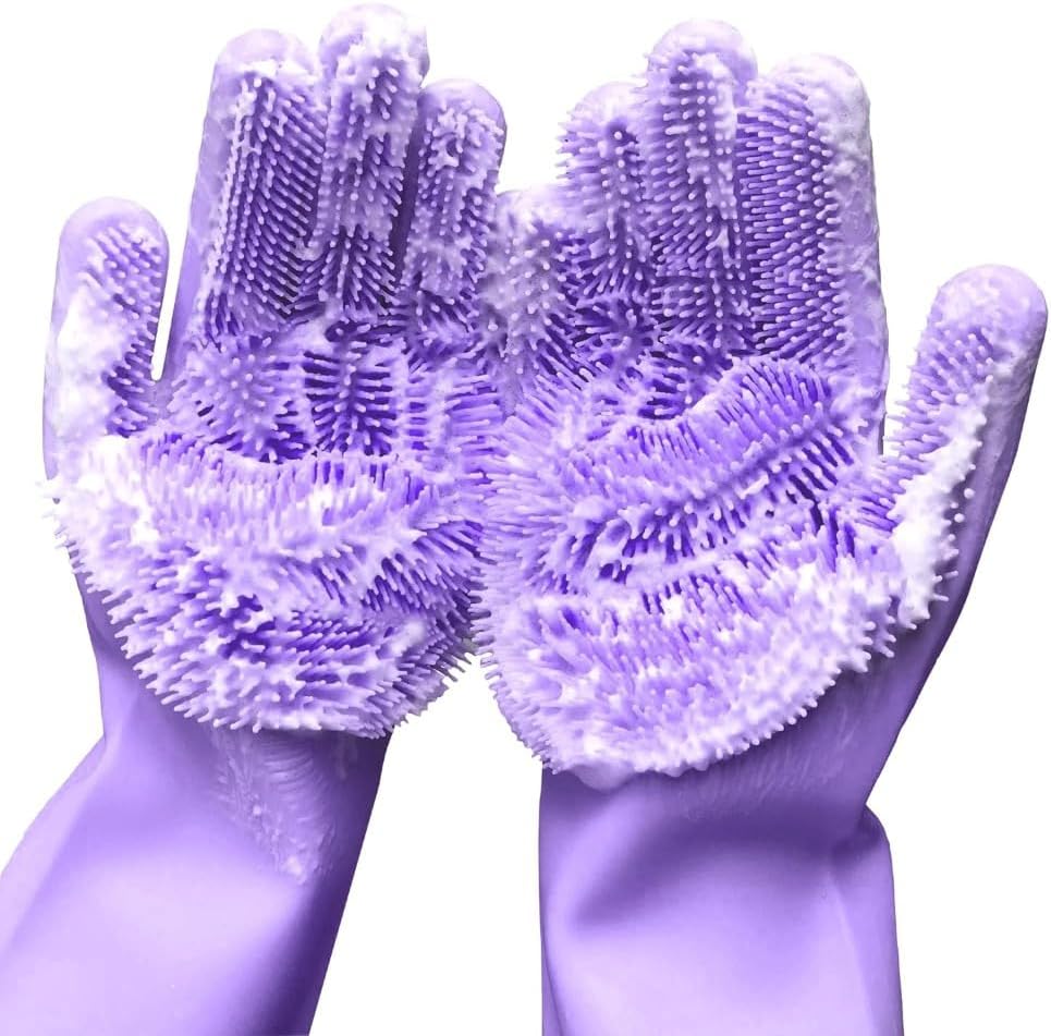 Silicone Dishwashing Gloves, Pet Grooming Rubber Scrubbing for Dishes, Sponge Wash Cleaning with Scrubbers (13.6" L)