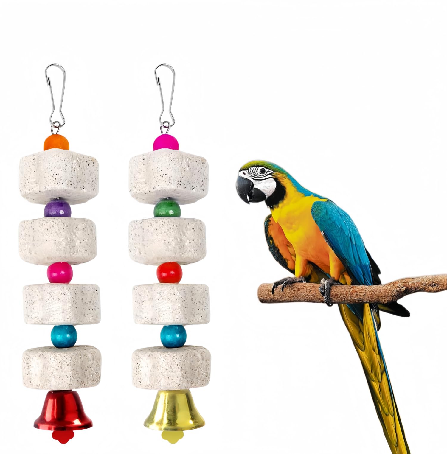 YSTrillion Parrot Chewing Toy,2 Pack Bird Teeth Grinding Toy,Parrot Beak Grinding Calcium Stone with Bells,Bird Cage Accessories,Cage Toys for Parakeet Cockatiel Conure Hamster Chinchilla Rabbit