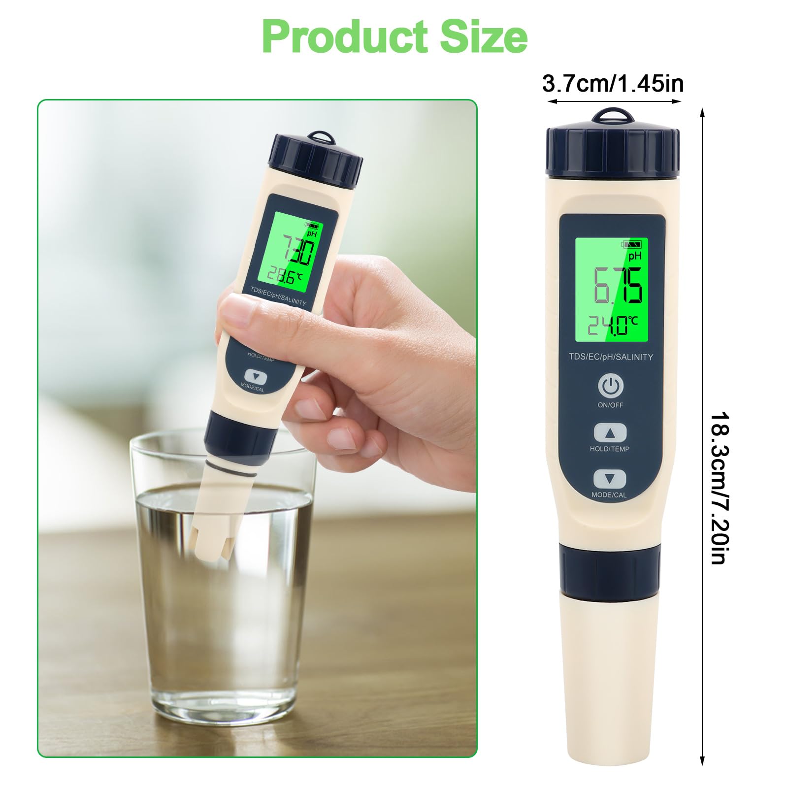 Misuratore PH 5 in 1 ad alta precisione – PH/EC/TDS/salinità/termometro con compensazione automatica della temperatura, display LCD – ideale per acqua potabile, piscina, acquario, idroponica