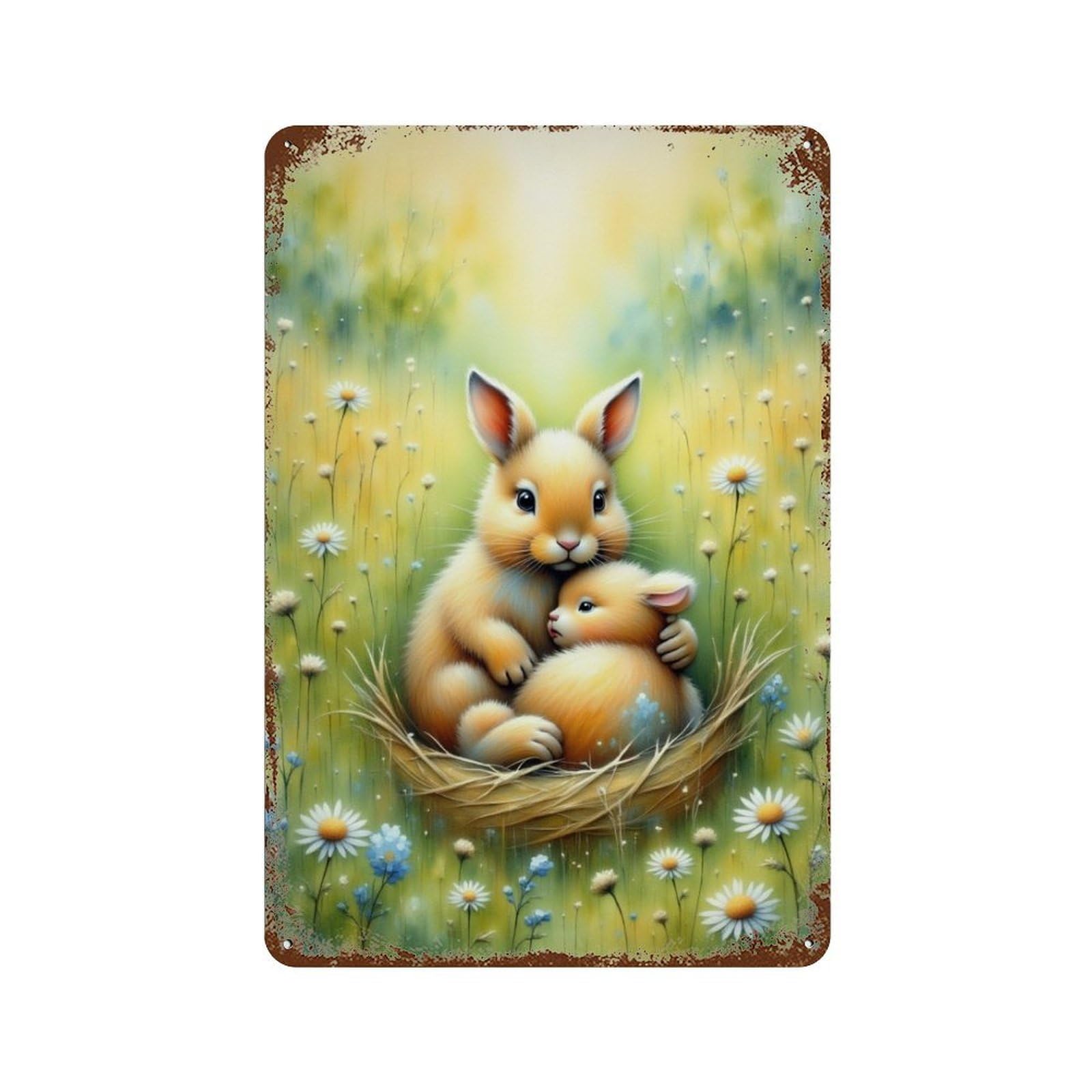 Bunny Family in Nest 11.8"x7.9" Decorative Tin Sign, Retro Wall Decor for Bistro, Counter And Cafe Decor