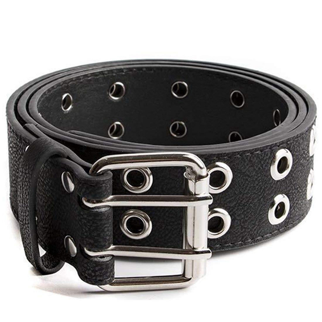 Punk Double Pin Buckle Men's Belt Grommet Rivets Waist Belt PU Leather Waist Strap Fashion Casual Jeans Rock Belt Waistband (Black)