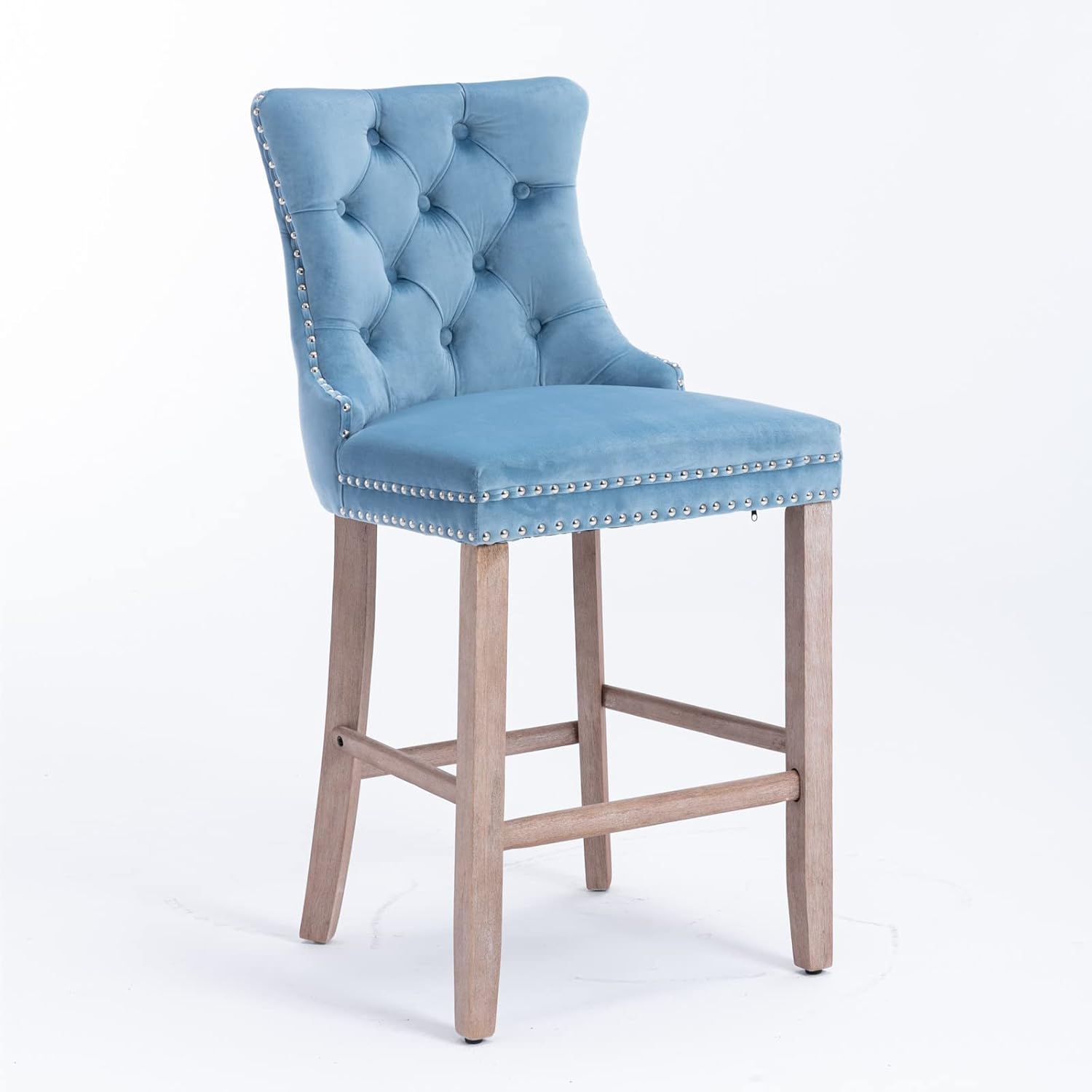 Ball & Cast Velvet Upholstered Wingback Bar Stools Set of 2, Button Tufted Counter Height Bar Stool Chairs with Nailhead Trim&Handle Ring, Padded Kitchen Island Barstools w/Wood Frame, Light Blue
