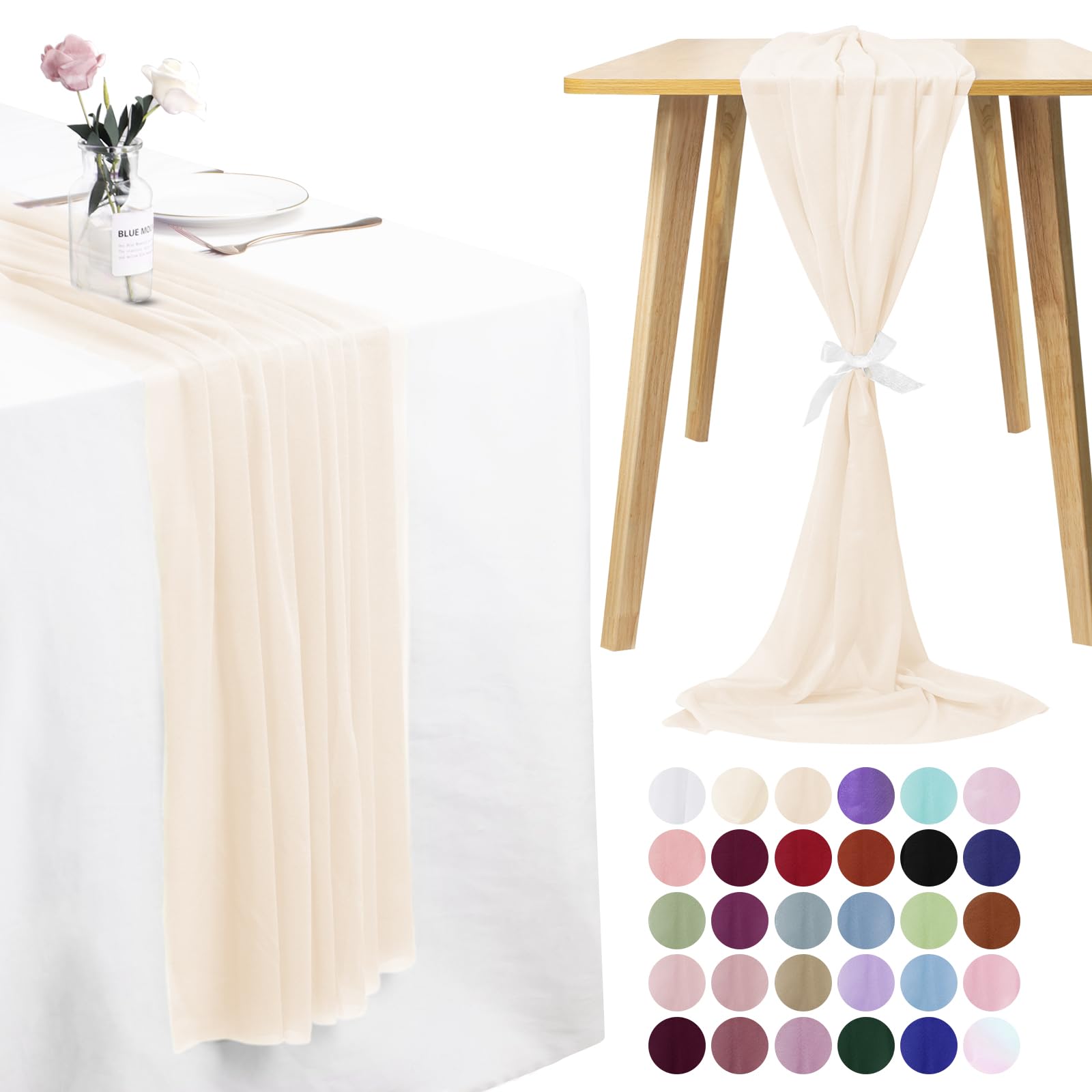 LEREATI 3 Pack Cheesecloth Table Runner Champagne Chiffon Table Runner 75cm x 300cm Gauze Sheer Table Runner Tulle Cheese Cloth Tablerunner for Party, Wedding, Christmas, Shower Decorations