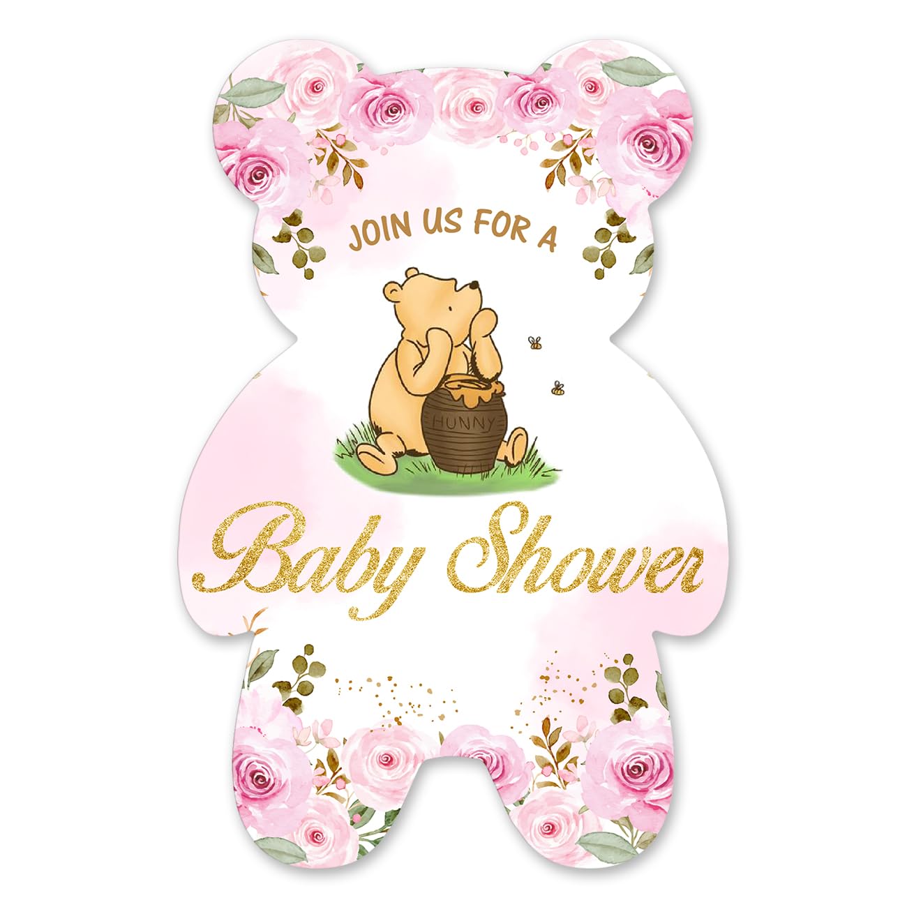 brayqu Winnie the Pooh Girl Baby Shower Invitations Pink Floral Pooh Bear Baby Shower Party Bear Shaped Invitations Fill-in Invites (20 Invitations