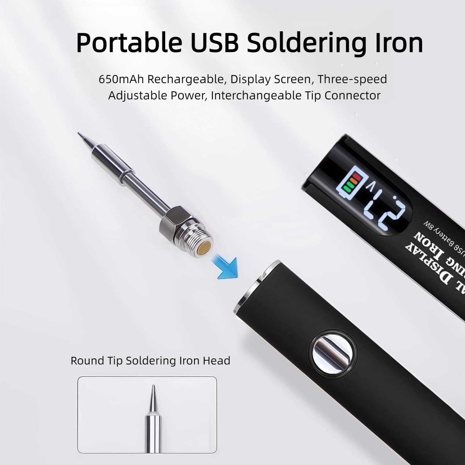 Pluma de soldadura inalámbrica recargable por USB de 650 mAh, soldador roscado universal con voltaje ajustable y pantalla LED, kit de soldadura portátil para reparación de electrodomésticos (negro)