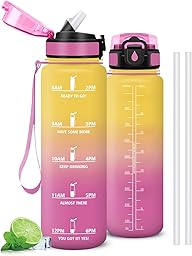 Mujigaga Botella Agua Gimnasio, A Prueba de Fugas Botella Agua 1 litro, Diseño de Cerradura, Cantimplora con Pajita, Cantimplora con Marcador de Tiempo para Colegio, Hogar, Exterior
