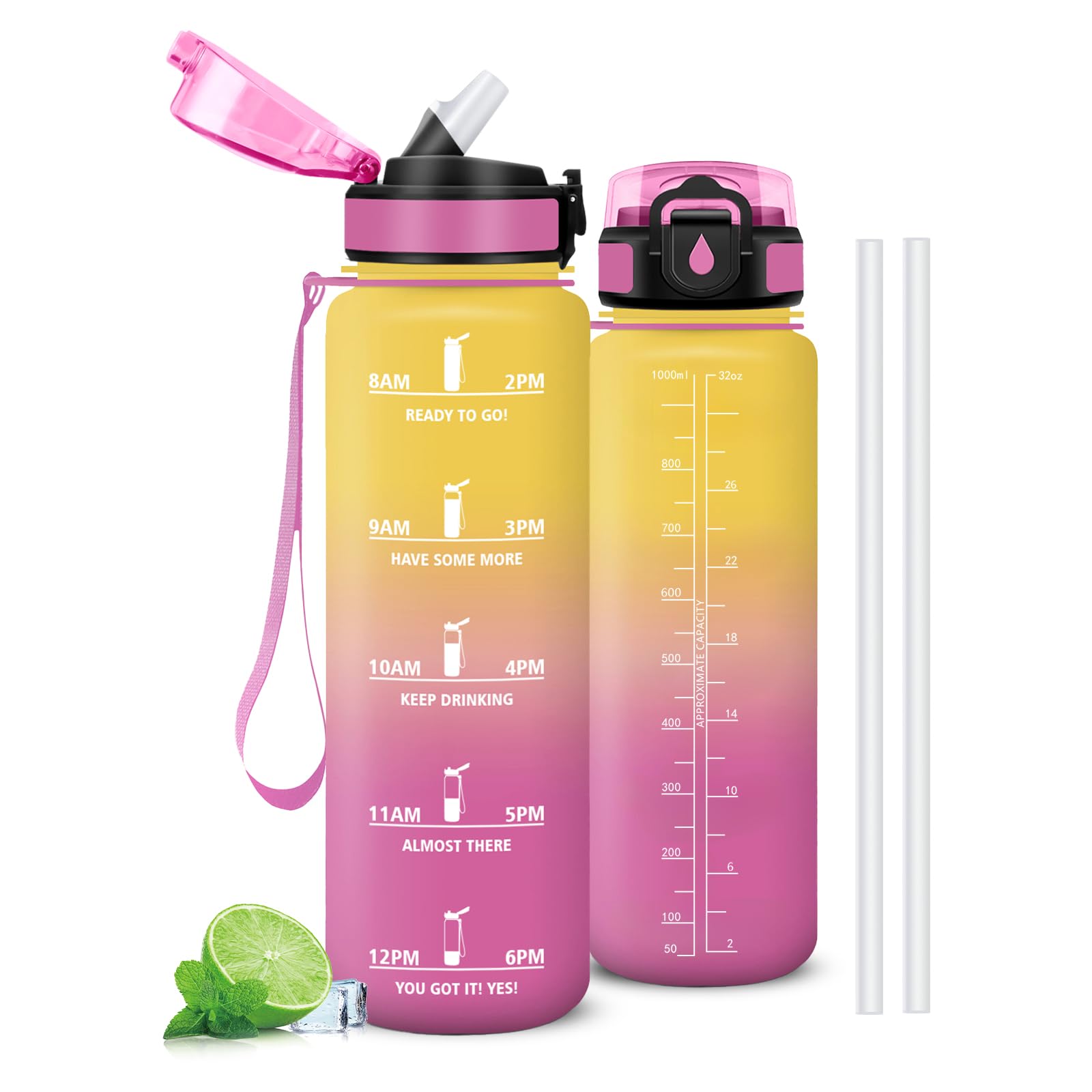 Botella Agua Gimnasio, A Prueba de Fugas Botella Agua 1 litro, Diseño de Cerradura, Cantimplora con Pajita, Cantimplora con Marcador de Tiempo para Colegio, Hogar, Exterior