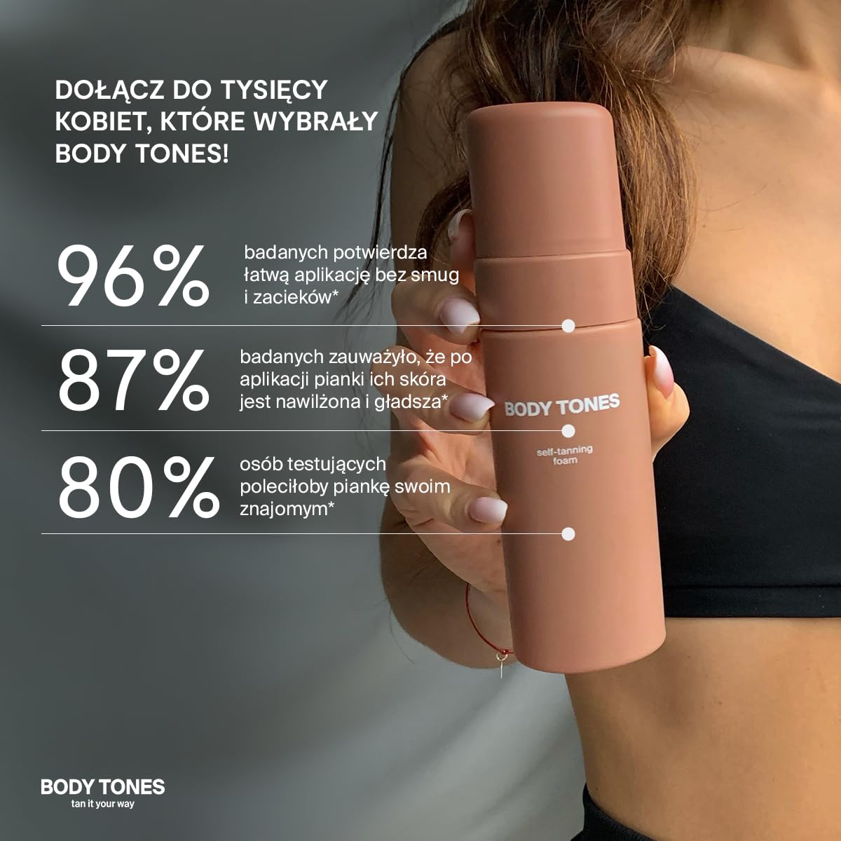 Body Tones Pianka Samoopalająca, Samoopalacz dla Ciemnej Skóry Nawilżająca i Przeciwstarzeniowa, Samoopalająca Pianka Naturalne Opalanie bez Ekspozycji na Słońce (155 ml + Rękawica, Ciemna cera)