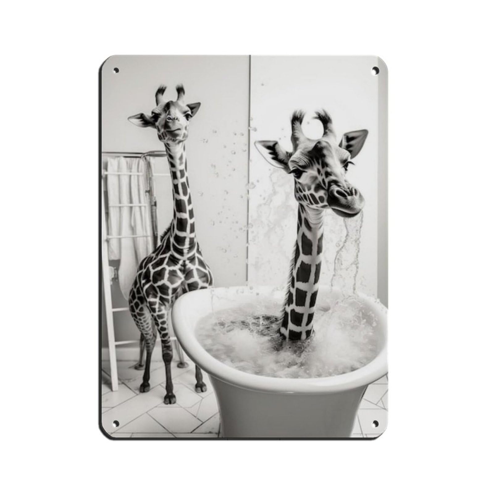 Cute Giraffe in Tub Bathroom Art Poster Tin Sign Vintage Metal Pub Club Cafe Bar Home Wall Art Decoration Poster Retro 12x16inch(30x40cm)
