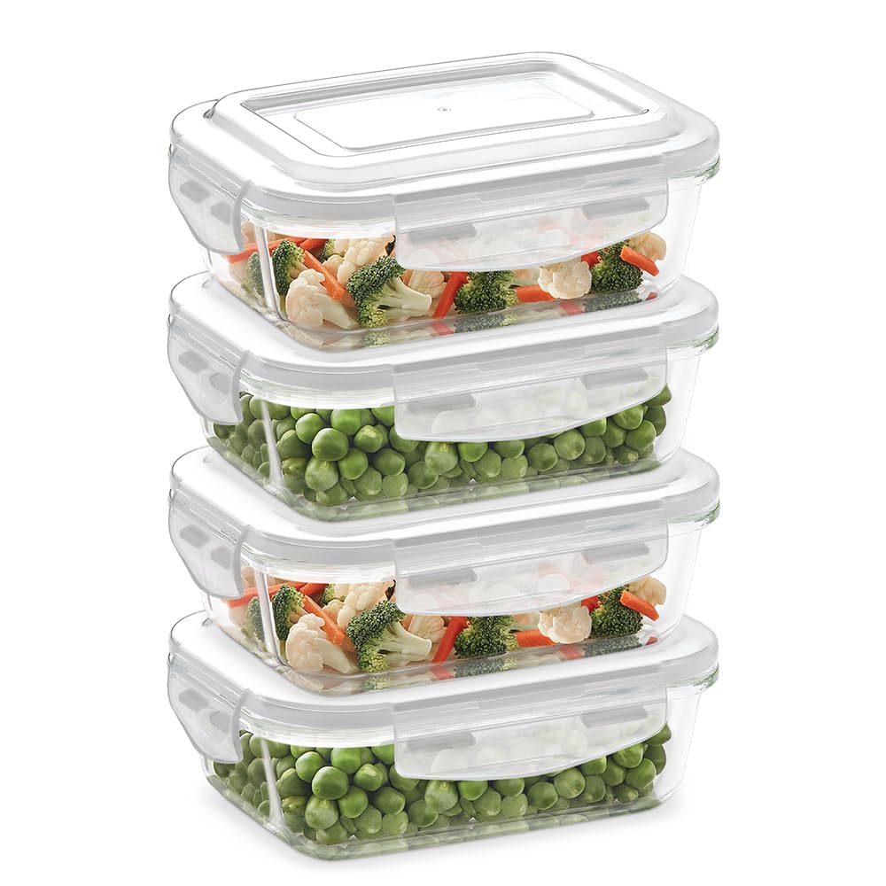 Borosil Klip N Store Frischhaltedosen aus Glas, rechteckig, mit luftdichtem Deckel (je 370 ml), Behälter aus Borosilikatglas für Lunchbox, mikrowellen- und ofenfest, transparent, 4-teiliges Set