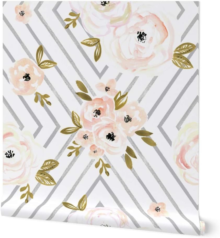 Peel & Stick Wallpaper 3ft x 2ft - Peach Roses Mod Rose Gray Floral Flower Geometric Grey Feminine Watercolor Baby Girl Custom Removable Wallpaper by Spoonflower