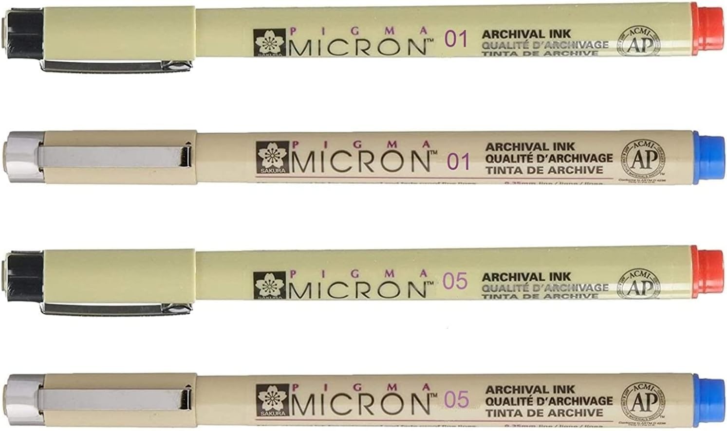 Pigma Micron Sakura 01 (0.25 mm) Red, Blue. 05 (0.45 mm) Red, Blue, 4 Colours, Made in Japan (France Import)