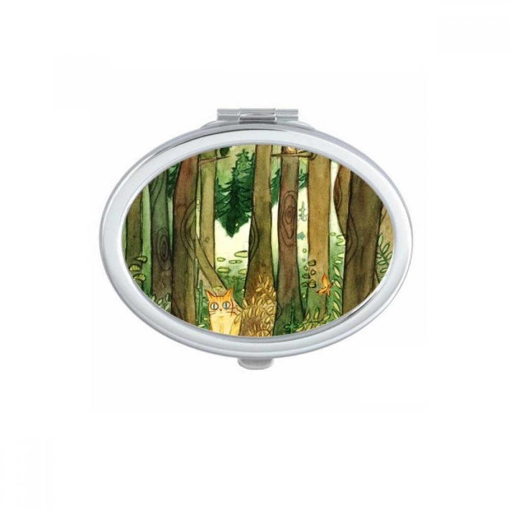 Miroir compact portable chat champignon et forêt design ovale coloré unique