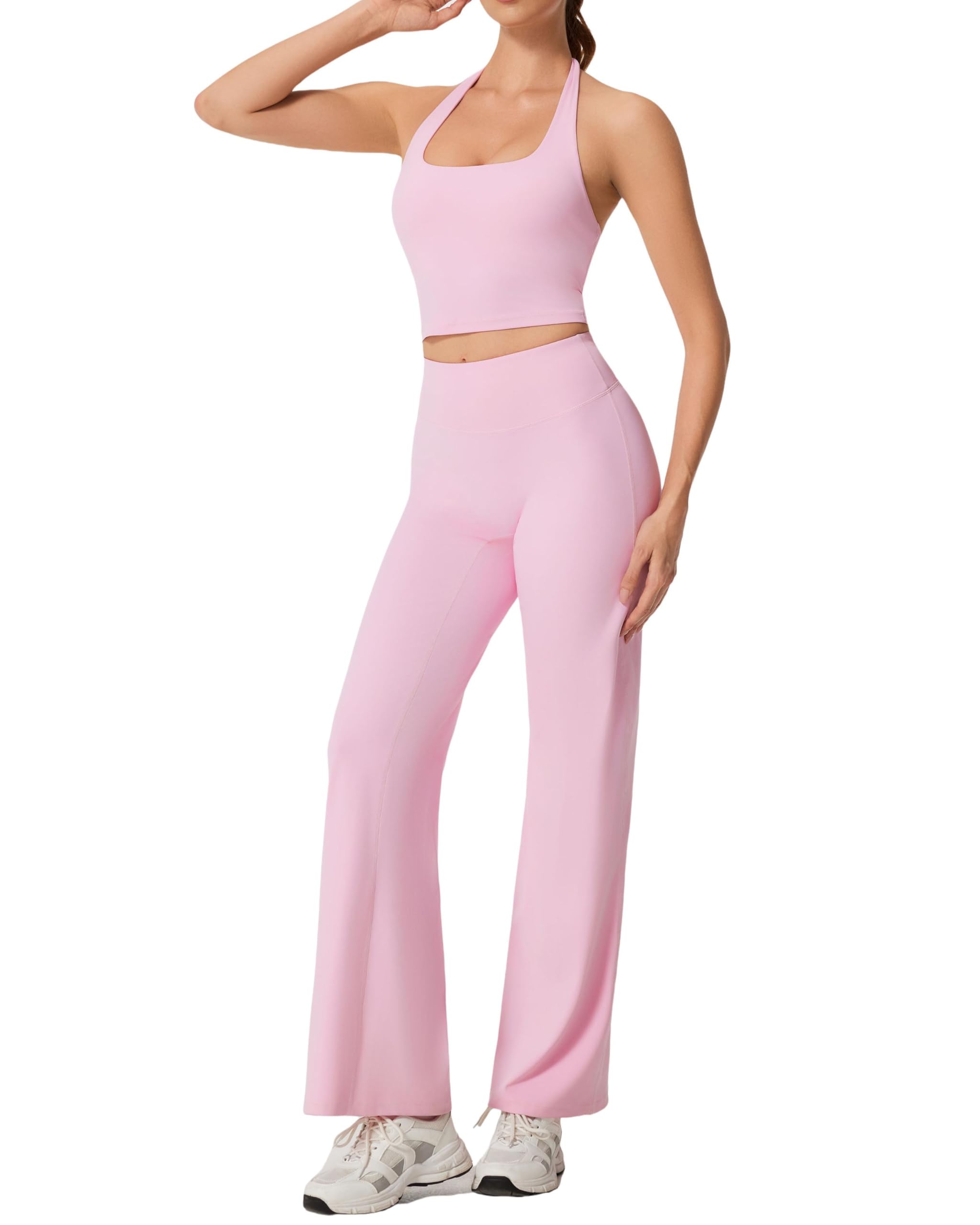 RXRXCOCO Halter Workout Sets for Women 2 Piece Padded Crop Tank Tops Straight Leg Yoga Pants Outfits with