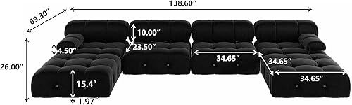 Miniatura 2 de JACH Sofás seccionales negros de 138 pulgadas, sofás de terciopelo minimalistas en forma de U, sofá modular convertible, sofá modular de lujo