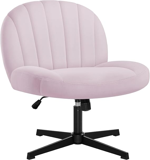 Armless Office Desk Chair No Wheels,Ergonomic Criss Cross Legged Computer Chair with Fabric Padded, Height Adjustable Wide Seat Vanity Chair,Mid Back Task Chair for Home, Bedroom (Pink)
