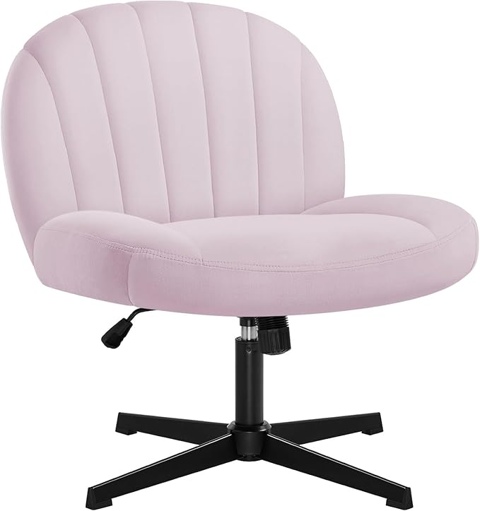 Armless Office Desk Chair No Wheels,Ergonomic Criss Cross Legged Computer Chair with Fabric Padded, Height Adjustable Wide Seat Vanity Chair,Mid Back Task Chair for Home, Bedroom (Pink)