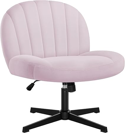 Armless Office Desk Chair No Wheels,Ergonomic Criss Cross Legged Computer Chair with Fabric Padded, Height Adjustable Wide Seat Vanity Chair,Mid Back Task Chair for Home, Bedroom (Pink)