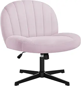 Armless Office Desk Chair No Wheels,Ergonomic Criss Cross Legged Computer Chair with Fabric Padded, Height Adjustable Wide Seat Vanity Chair,Mid Back Task Chair for Home, Bedroom (Pink)