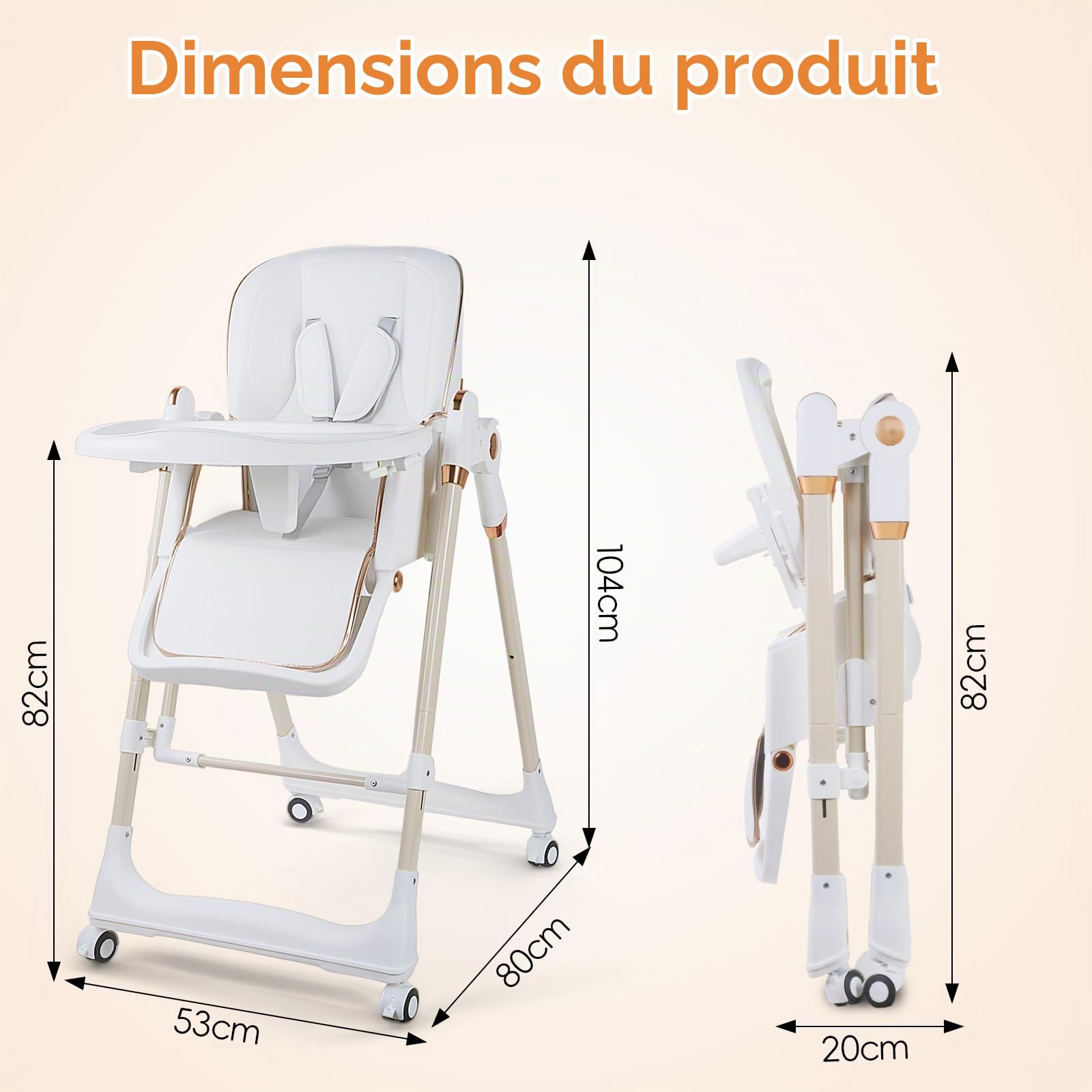 Chaise Haute 3 en 1, pour Bébé Ergonomique, Confortable, Inclinable, Pliable, avec Hauteur Réglable, Repose-Pieds, Plateau Amovible, Harnais 5 Points, 0 à 20 kg (Blanc)