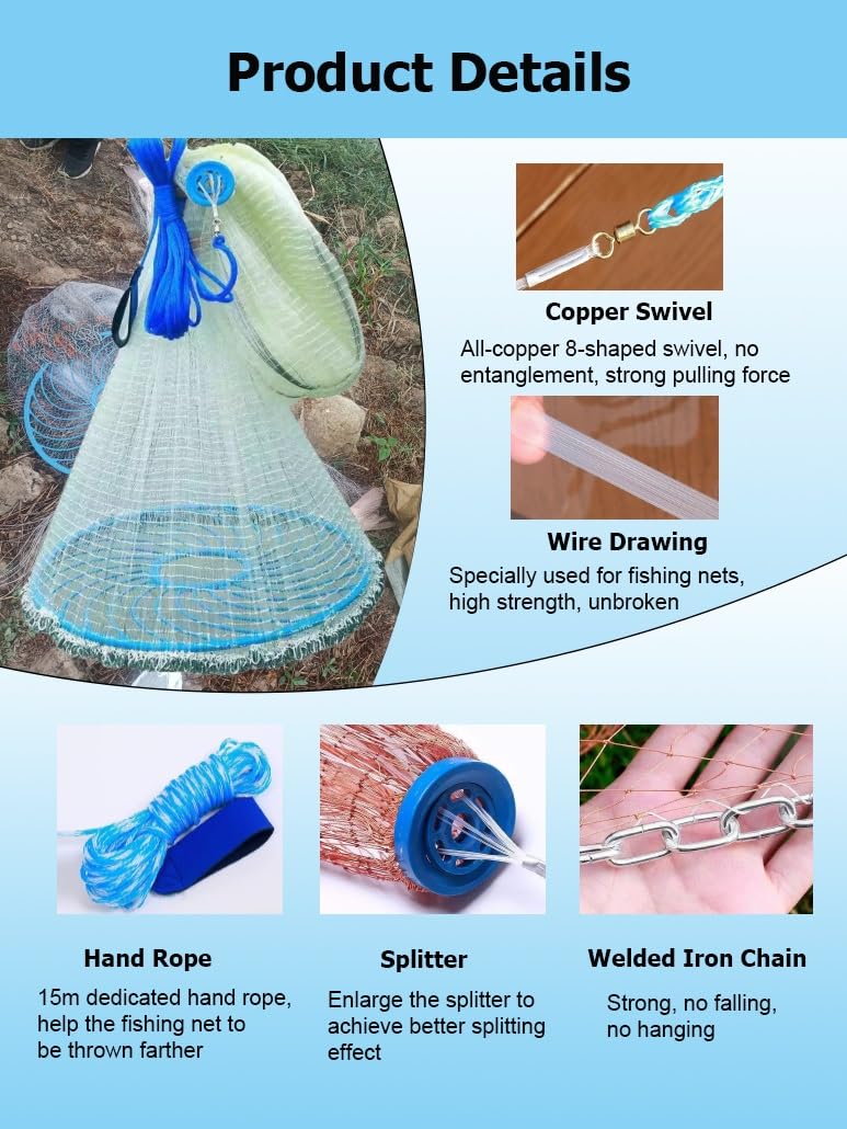 Red de Pesca de Agua Dulce, Red de Lanzamiento Manual for Principiantes, Red giratoria for Peces con Cebo, Ideal for Lagos, ríos, océanos y Bancos de Arena.