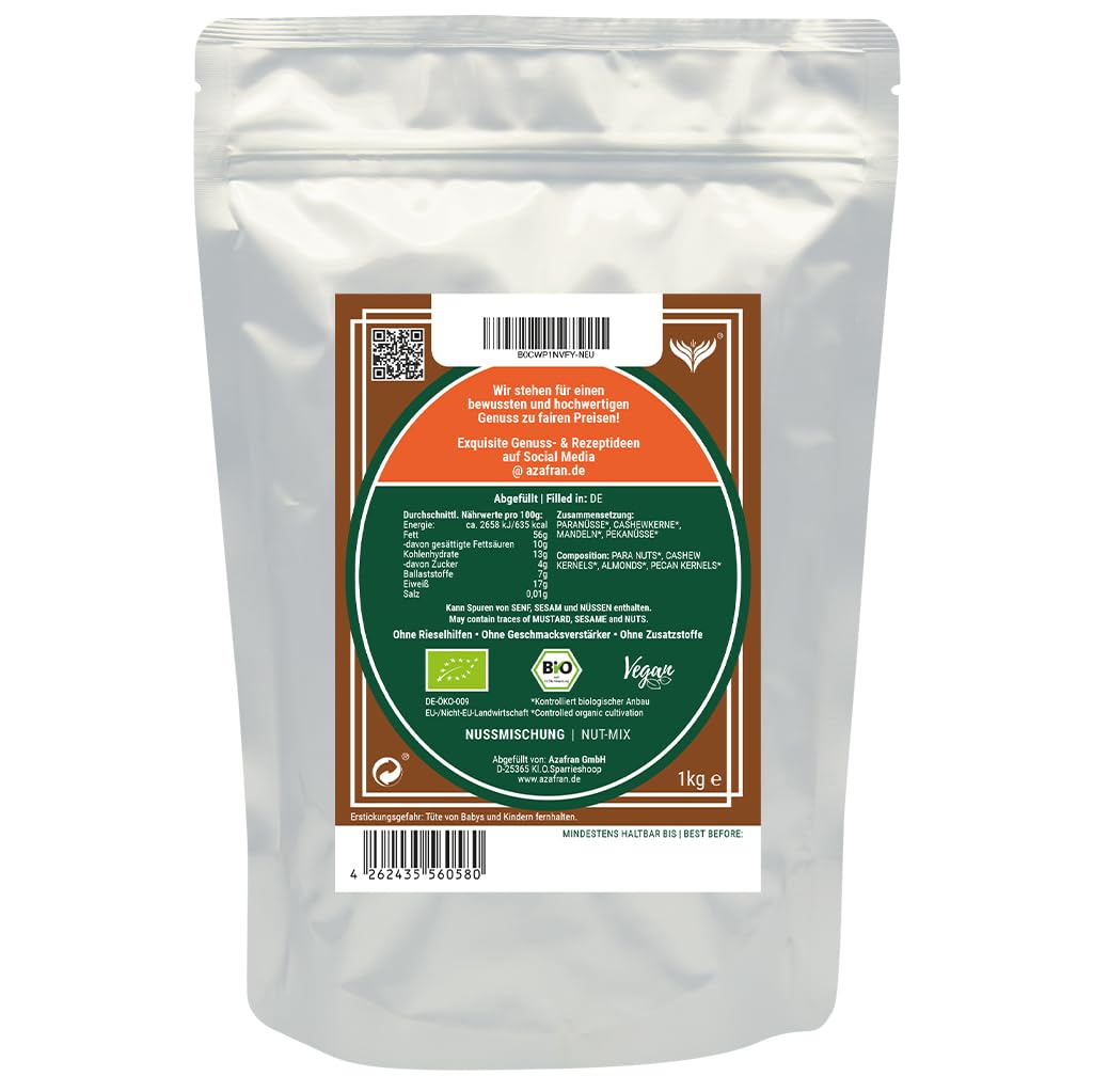 Azafran BIO Nusskernmischung, Nussmischung naturbelassen, Nuss Mix 1kg