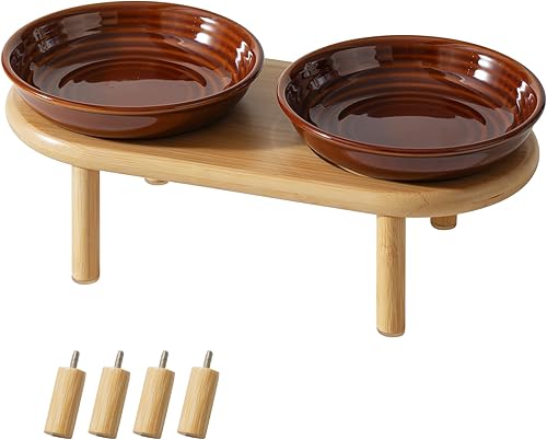 Plato elevado de cerámica para gatos, apto para bigotes anchos, tazón antideslizante para alimentos y agua con soporte ajustable de 2 alturas, juego