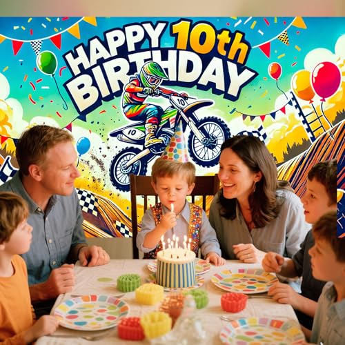 Image of Nuxovilar Happy 10th Birthday Banner Backdrop 71 inchx43 Polyester | Celebrate Party Supplies, Celebration Decor. Dirt Bike Birthday Party Decorations. Yard, Garage, Room. (Dirt Bike 10th)