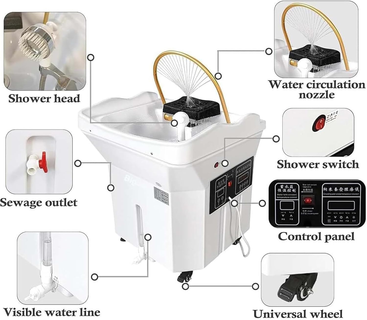 Generisch Mobiles Waschbecken,Japanese Head Spa Equipment,Bath Jet spa, 60 L Large Water Tank Thermostatic Water Circulation Shampoo Basin Head Care for Hair Treatment Fumigation Light Therapy