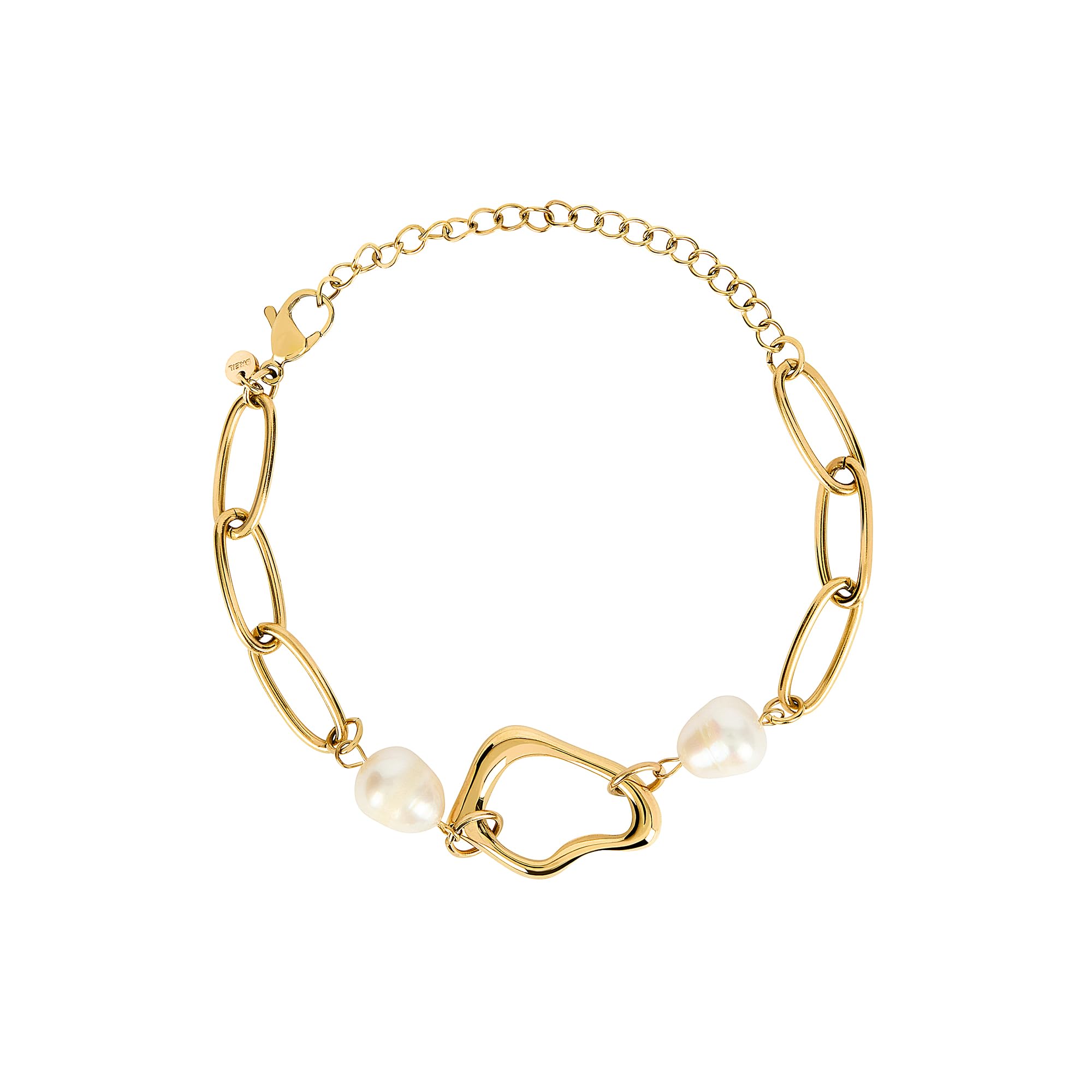 Breil, Collezione Amelié, Bracciale Donna in Acciaio IP Gold, con Perle e Catena ad Anelli Ovoidali, Elemento Fluido Centrale, Chiusura a Gancio, Lunghezza Regolabile fino a 15 cm