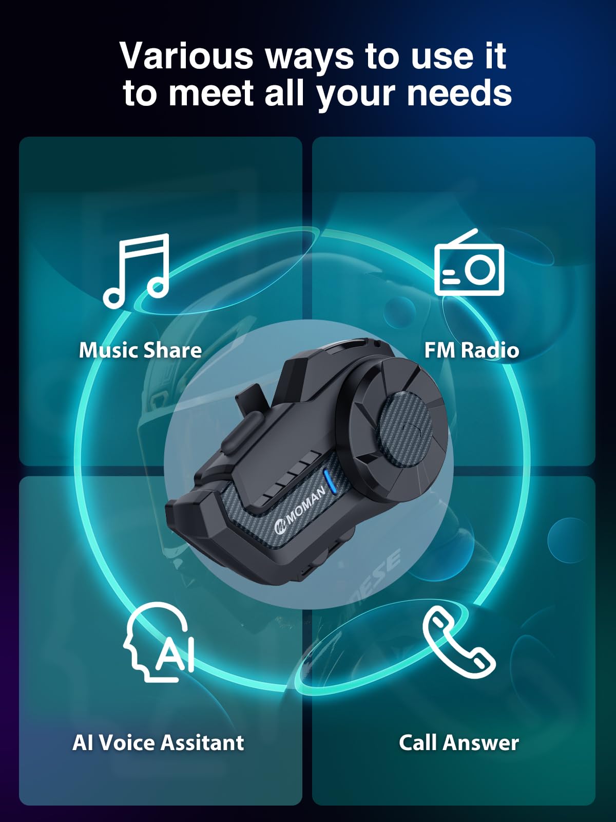 Moman H2 Pro Motorrad Intercom Headset Wireless 5.1 Kommunikationssystem 1000M FM Radio Wasserdicht