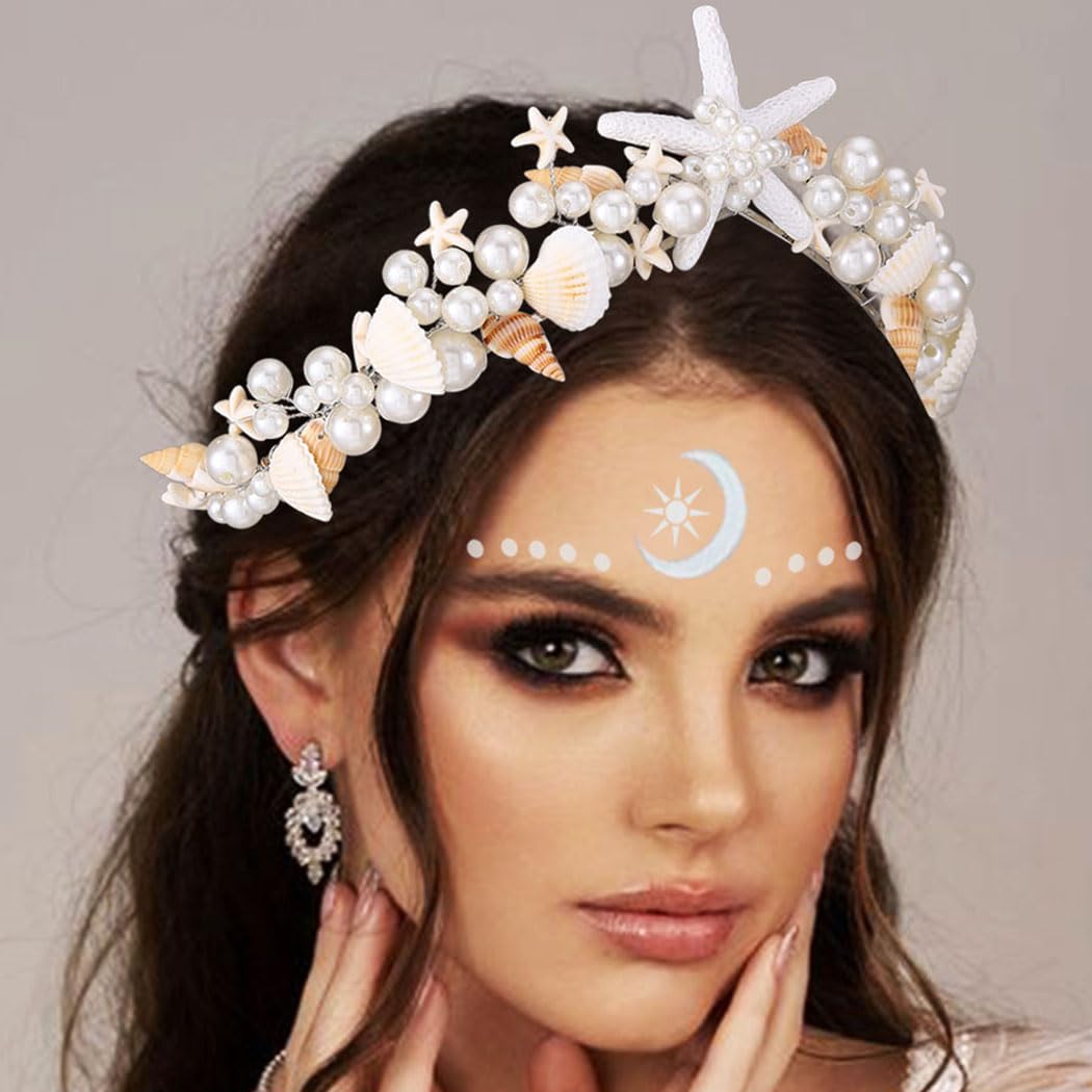 BARTOSI Mermaid Crown Starfish Tiara Pearl Shell Bride Wedding Headband Costume Hair Accessories for Women - Image 8