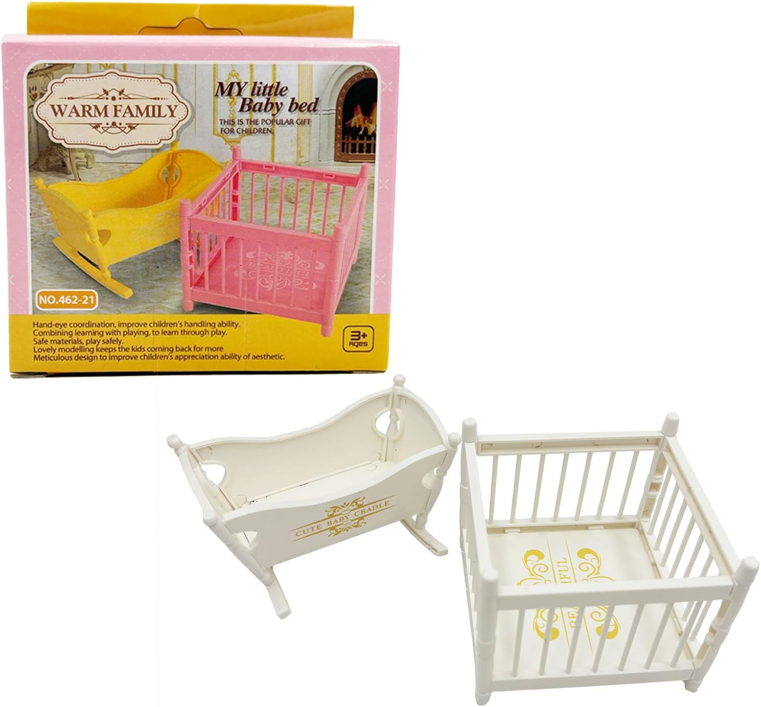 Miniature Dollhouse Furniture Set,Mini Doll Rocking Crib + Square Bed, Dollhouse Furniture Crib Wobble Toys Baby Doll Cradle White Wooden Bamboo Silk Crib