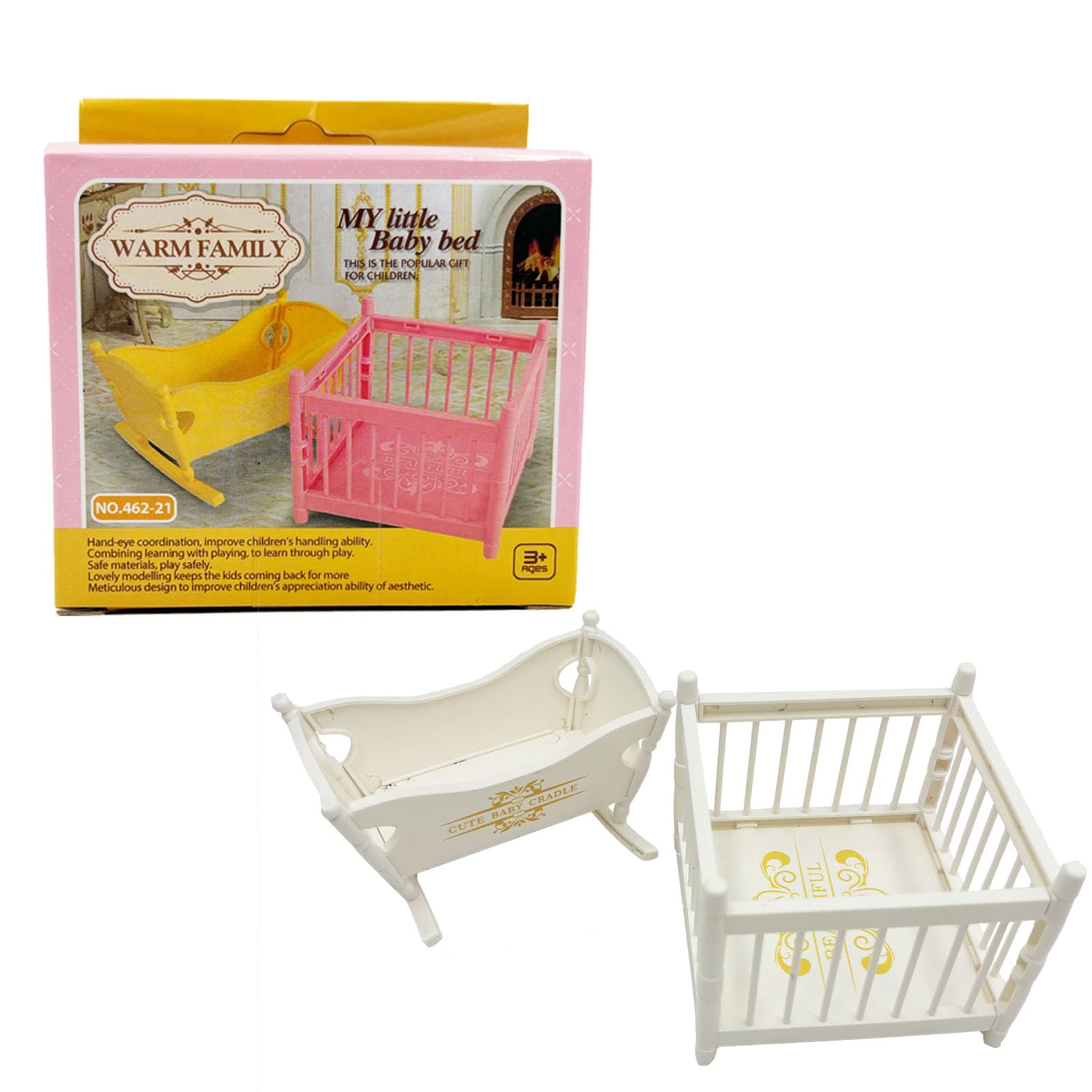 Miniature Dollhouse Furniture Set,Mini Doll Rocking Crib + Square Bed, Dollhouse Furniture Crib Wobble Toys Baby Doll Cradle White Wooden Bamboo Silk